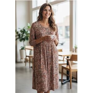 J. Jill Stretch Knit Midi Shift Print Dress Button Front 3/4 Sleeve - Medium